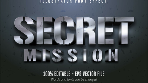 Secret Mission text, 3d silver metallic style editable font effect