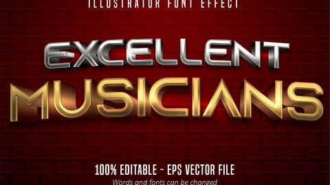 Excellent Musicians text, 3d gold and silver metallic style editable font effect