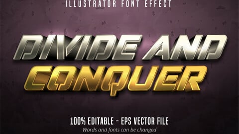 Divide and conquer text, 3d gold and silver metallic style editable font effect