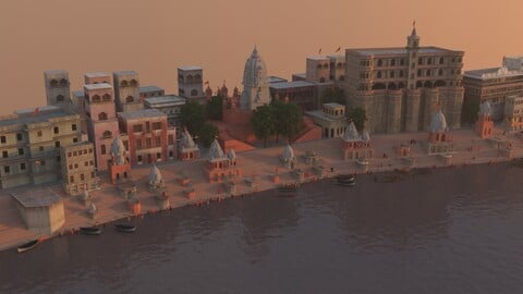 3D Varanasi Ghat Scene.