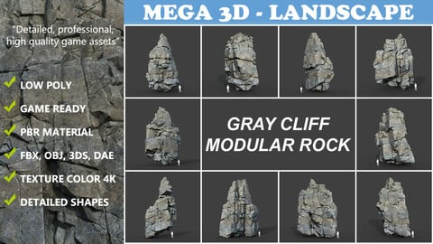 Low poly Gray Cliff Modular Rock 220101