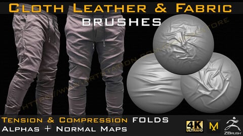 50 cloth Leather & Fabric Brushes (4k) Tension & Compression Folds- Alpha + Normal Maps V-02