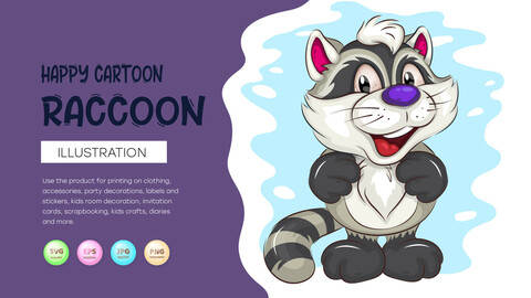 Happy Cartoon Raccoon. T-Shirt, PNG, SVG.
