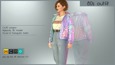80's OUTFIT (complete female outfit made in Clo3D/Marvelous Designer): zrpj, obj,fbx, PBR 4K