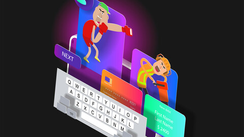 Mobile interface with cartoon characters on the mobile phone screen. Vector banner
