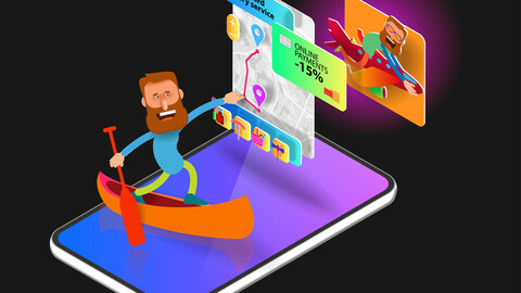 A cartoon man in a boat on a mobile phone screen presses a button on the interface. Vector banner