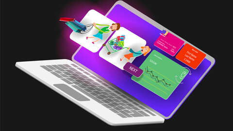Interface of a web application with cartoon characters on a laptop screen. Vector banner