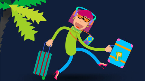Cartoon girl with suitcases goes to the south to rest. Vector banner