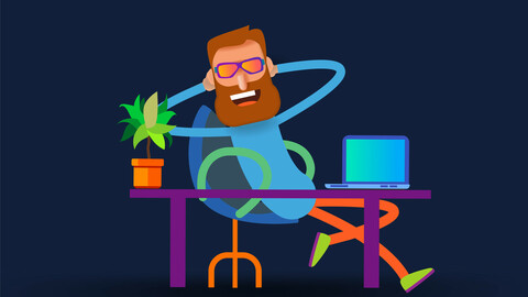 Cartoon man with a beard and beach glasses at a desk with a computer. Vector banner