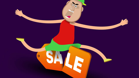 Cartoon man in a green cap jumps over the price tag. Vector banner
