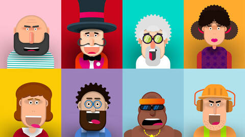 Cartoon characters' faces on a colored background. Vector banner