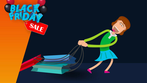 Cartoon girl drags gift bags from a discount store. Vector banner