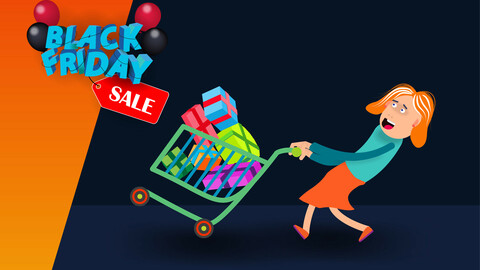 Cartoon girl drags a heavy shopping cart with purchases. Vector banner
