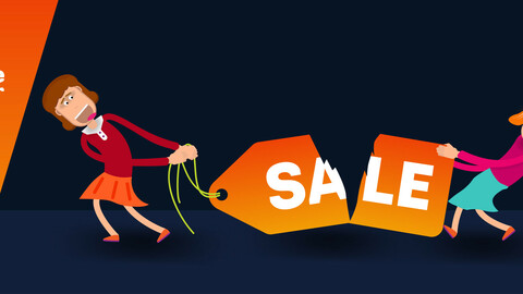 Cartoon girls stretch and tear the price tag with the inscription sale. Vector banner