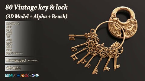 80 Vintage Key & Lock 3D Model + Alpha + Brush