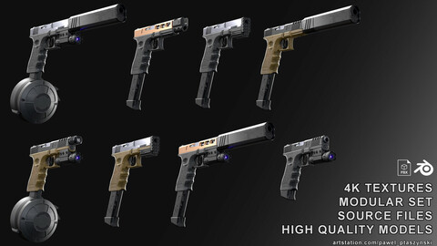 Modular Glock with attachments / .blend files / High quality models