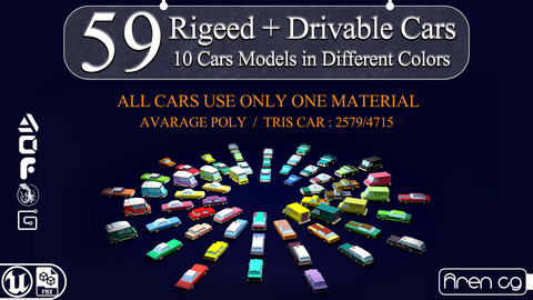 59 rigged and drivable Lowpoly cars VR / AR