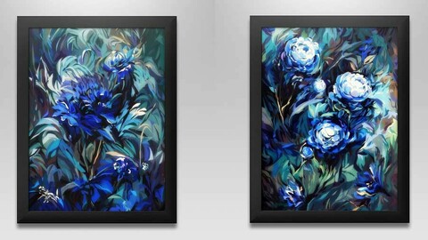 Two digital illustrations of some blue flowers in the garden.