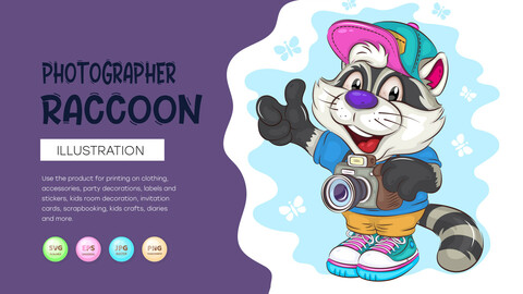 Cartoon Raccoon Photographer. T-Shirt, PNG, SVG.
