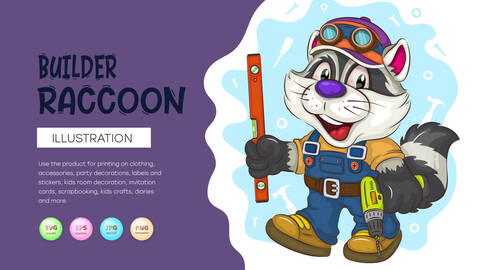 Cartoon Raccoon Builder. T-Shirt, PNG, SVG.