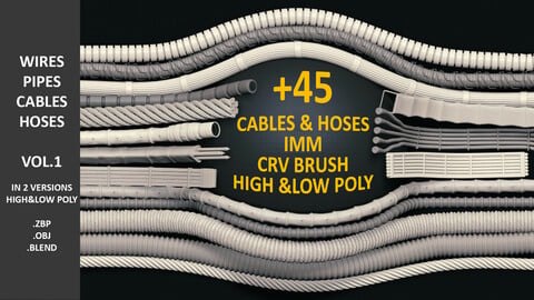 +45 IMM CABLES & HOSES FOR ZBRUSH (HIGH&LOW POLY) + MESHES VOL.01