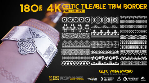 +180 | 4K Tileable Celtic Trim and ALPHA Pattern Borders PNG + PSD + JPG + Creating Video Tutorial