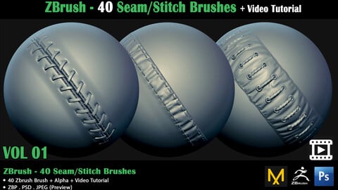 ZBrush - 40 Seam/Stitch Brushes + Video Tutorial