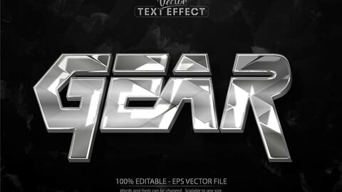 Gear text effect, editable shiny silver color, metal text style on dark grunge textured background