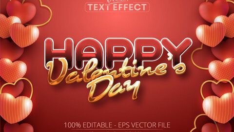 Golden text effect, editable valentine's day shiny gold text style on decorated red and gold hearts background