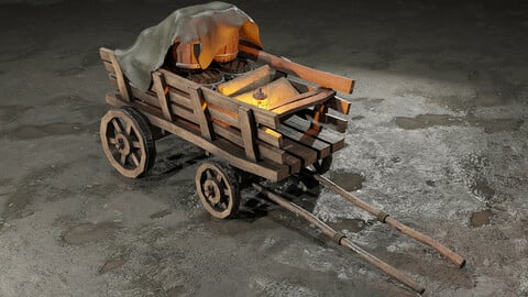 Stylized medieval cart with a lamp and a load