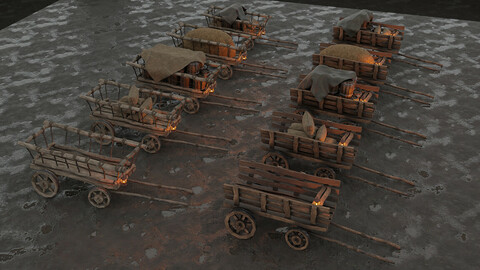 A set of stylized medieval carts with a lamp and a load
