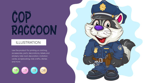 Cartoon Raccoon Cop. T-Shirt, PNG, SVG.
