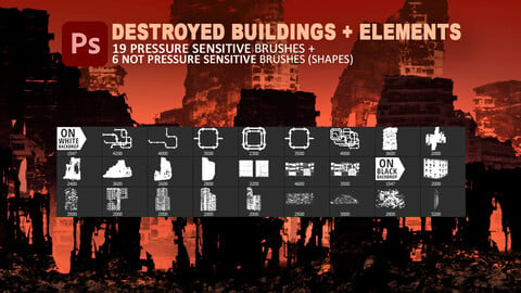 Apocalyptic destroyed and wrecked buildings and city environment pressure sensitive photoshop brush set.
