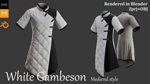 White Medieval Gambeson. Marvelous designer and Clo3D. Zprj/OBJ