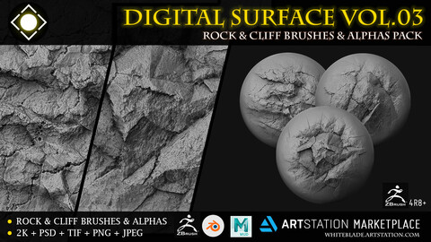 Digital Surface Rock & Cliff Brushes & Alphas Vol.03 - ZBrush/Blender/Mudbox/3dcoat