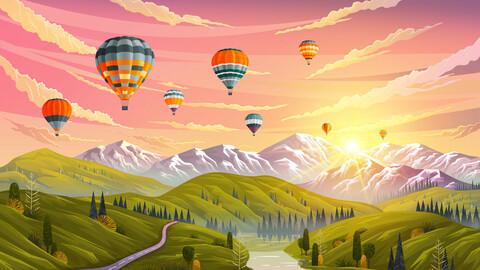 Colorful hot air balloons flying over mountain. Traveling, planning summer vacation. 100% vector in Eps 10. No embedded rasterized graphic.