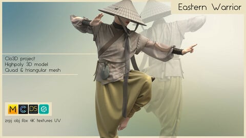 EASTERN WARRIOR (complete female eastern style outfit made in Clo3D/Marvelous Designer): zrpj, obj,fbx, PBR 4K