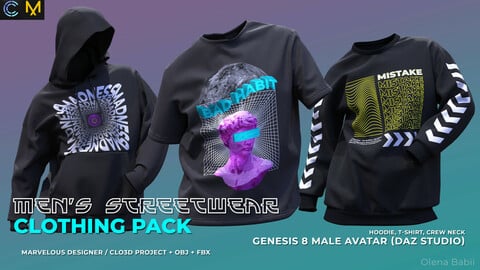 Marvelous Designer / Clo3d project+OBJ+FBX. Men's Streetwear clothing pack single edition