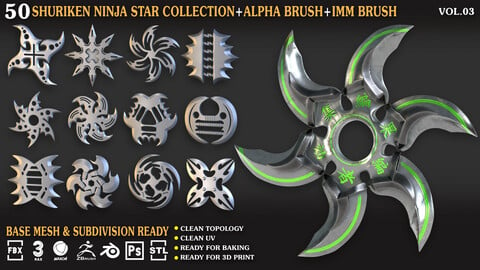 50 Shuriken_Ninja_Star_Collection_Vol_03 ( UV / IMM /Alpha / OBJ / FBX / .BLEND / 3DSMAX / C4D / LIB4D / STL /PNG )