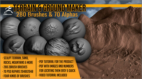 Terrain And Ground Maker 280 ZBrush Brushes and 70 Alphas