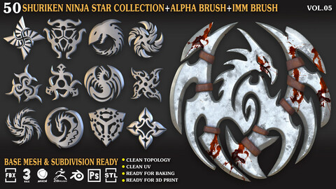 50 Shuriken_Ninja_Star_Collection_Vol_05 ( UV / IMM /Alpha / OBJ / FBX / .BLEND / 3DSMAX / C4D / LIB4D / STL /PNG )