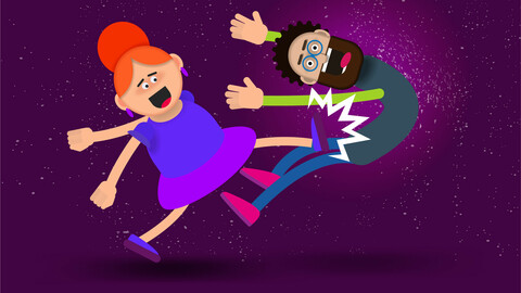 Cartoon girl kicks a bearded man with glasses