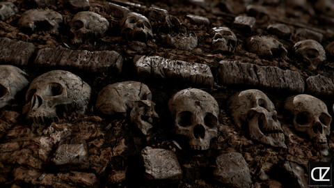 PBR - WALL OF BONES AND SKULL STYLE CATACOMBS, CAVERN, TEMPLE - 4K MATERIAL