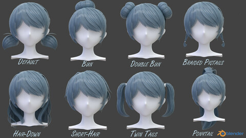 8 types of Anime Hairstyles-Hair Curves((obj,fbx,blend files)