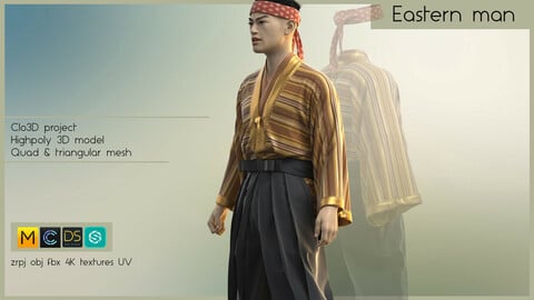 EASTERN MAN (complete male eastern style outfit made in Clo3D/Marvelous Designer): zrpj, obj,fbx, PBR 4K