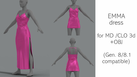 EMMA bias cut dress  / MD  / CLO 3D project / OBJ / Genesis compatible