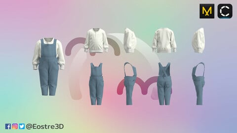 (Childrenswear) Long Sleeve Top with Jeans Overall
