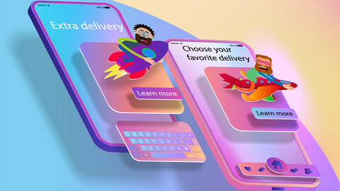 Two mobile phones in space and a cartoon delivery app interface
