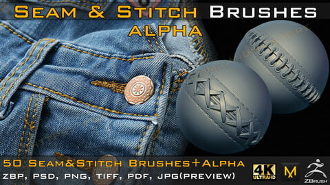 50 Seam & Stitch Brushes & Alpha (Tileable 4k-16bit) Vol.02
