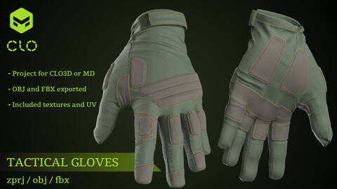 Tactical gloves - Marvelous Designer / Clo3d project + OBJ and FBX files / Military